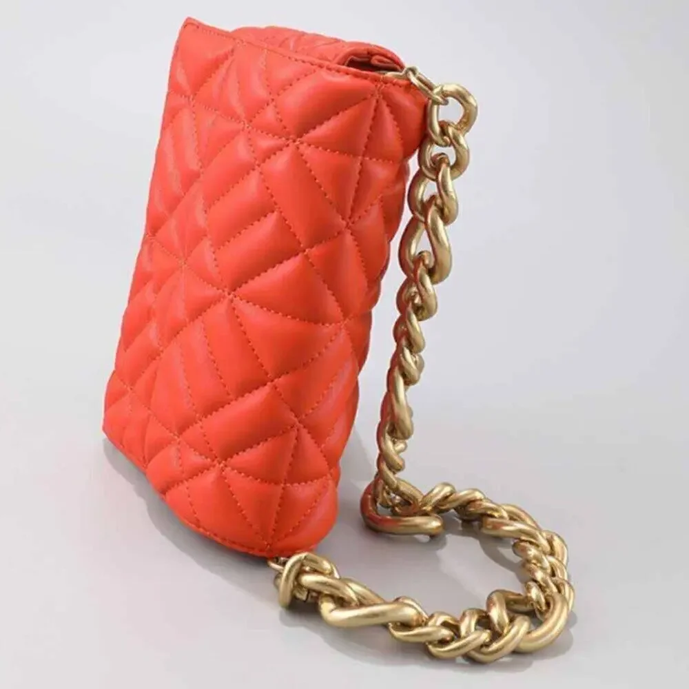 ZARA Coral Orange Quilted Chain Shoulder Bag NWT Gold Chain Purse OS